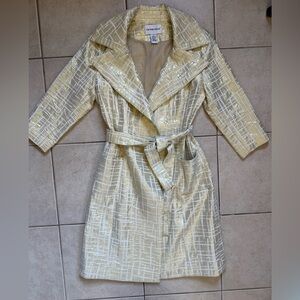 VINTAGE Metallic Gold and Cream Plaid Belted Trench Coat